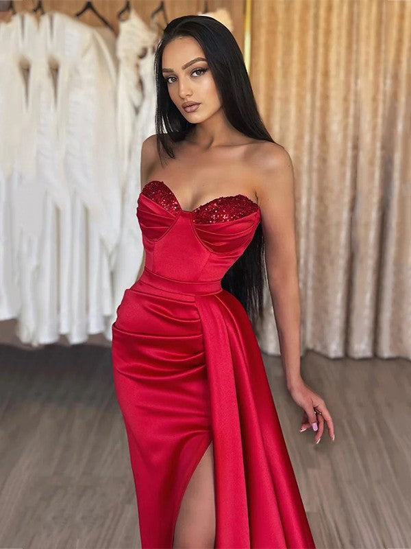 Sheath/Column Woven Satin Ruched Sweetheart Sleeveless Sweep/Brush Train Dresses