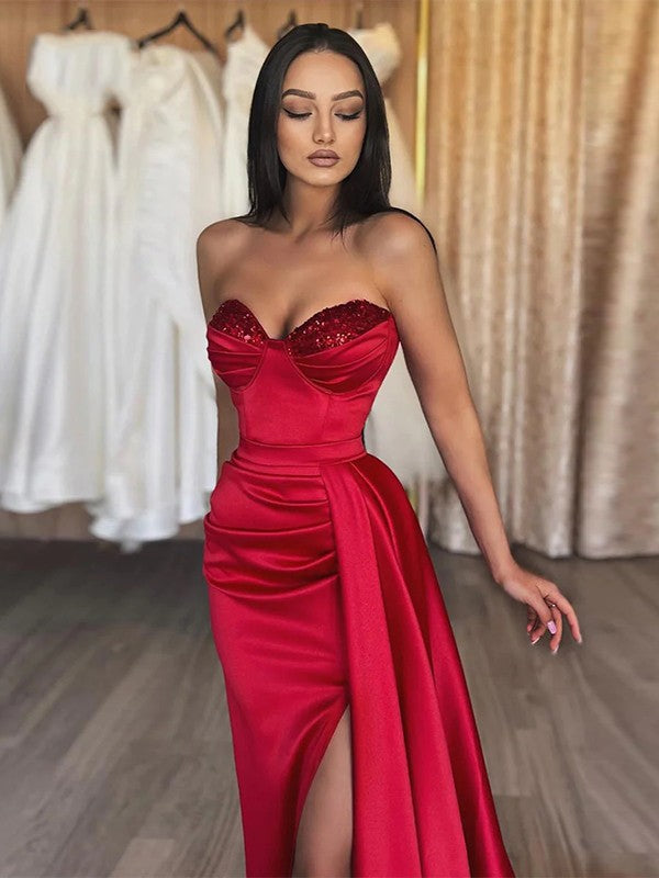 Sheath/Column Woven Satin Ruched Sweetheart Sleeveless Sweep/Brush Train Dresses