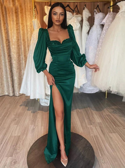Sheath/Column Woven Satin Ruched Square Long Sleeves Floor-Length Dresses