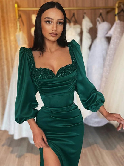 Sheath/Column Woven Satin Ruched Square Long Sleeves Floor-Length Dresses