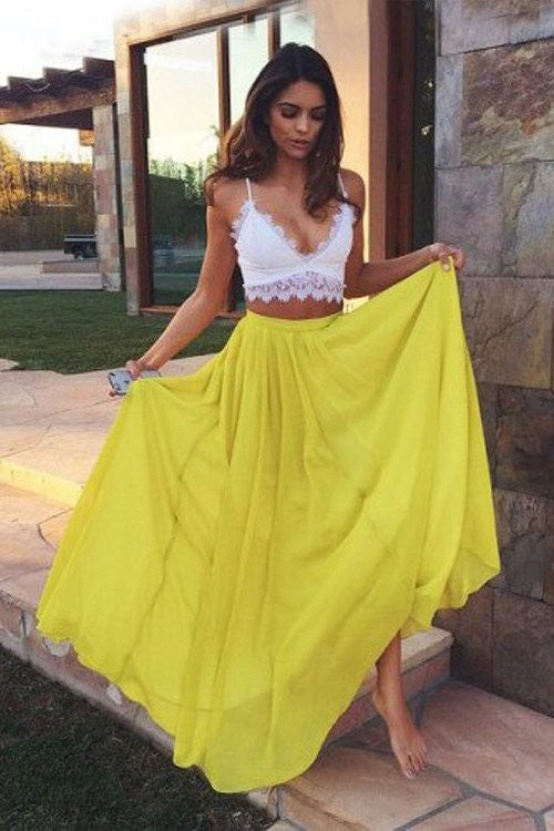 A-Line/Princess Straps Sleeveless Floor-Length Lace Chiffon Two Piece Dresses
