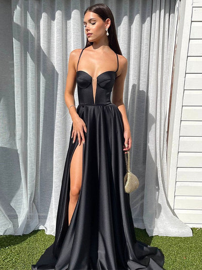 A-Line/Princess Satin Spaghetti Straps Sleeveless Sweep/Brush Train Dresses