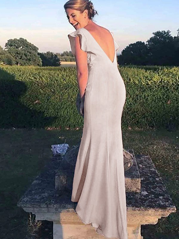 Sheath/Column Crepe Ruched Bateau Sleeveless Court Train Bridesmaid Dresses