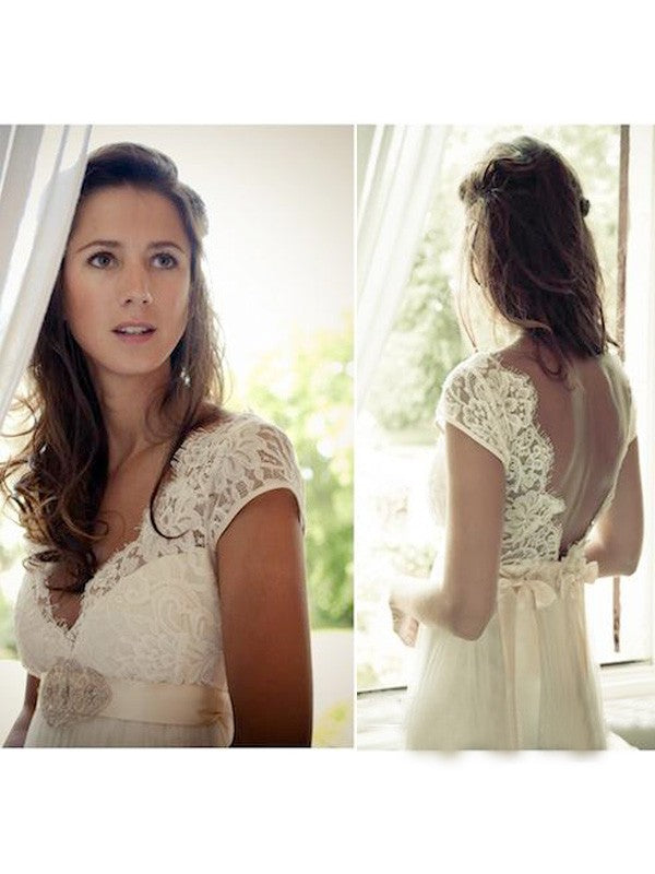 A-Line/Princess V-neck Sweep/Brush Train Sleeveless Beading Tulle Wedding Dresses