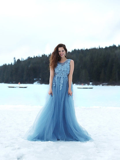 Ball Gown Applique Jewel Tulle Sleeveless Sweep/Brush Train Dresses