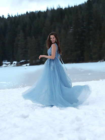 Ball Gown Applique Jewel Tulle Sleeveless Sweep/Brush Train Dresses