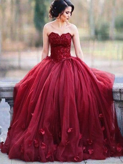 Ball Gown Sleeveless Sweetheart Applique Floor-Length Tulle Dresses