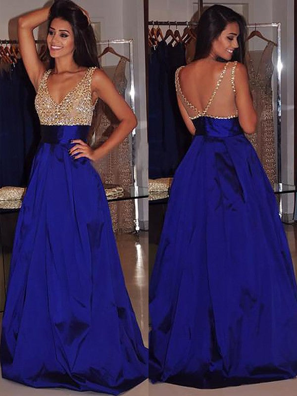 A-Line/Princess V-neck Sleeveless Sweep/Brush Train Beading Taffeta Dresses