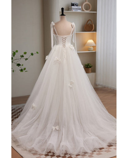 Noble and Unique White Pearl Sleeveless Off Shoulder Bow Ball Dress with White Thin Shoulder Strap Off Back Tie and Floor Length Tail Evening Dress