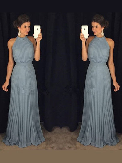 A-Line/Princess Sleeveless High Neck Pleats Floor-Length Chiffon Dresses