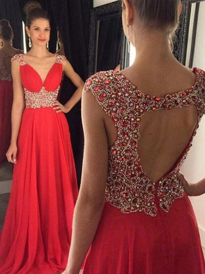 A-Line/Princess Sleeveless V-neck Beading Sweep/Brush Train Chiffon Dresses