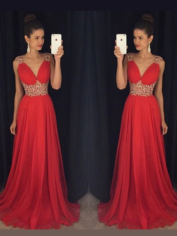 A-Line/Princess Sleeveless V-neck Beading Sweep/Brush Train Chiffon Dresses