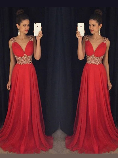 A-Line/Princess Sleeveless V-neck Beading Sweep/Brush Train Chiffon Dresses