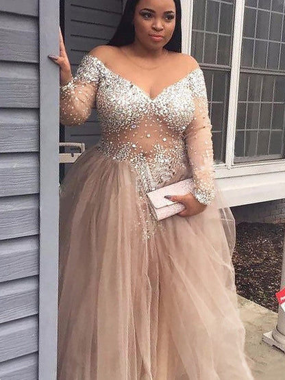 Ball Gown Off-the-Shoulder Long Sleeves Sequin Tulle Floor-Length Dresses