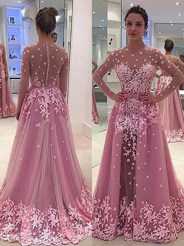 A-Line/Princess Scoop Long Sleeves Applique Tulle Floor-Length Dresses