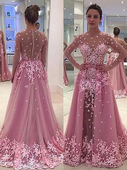 A-Line/Princess Scoop Long Sleeves Applique Tulle Floor-Length Dresses