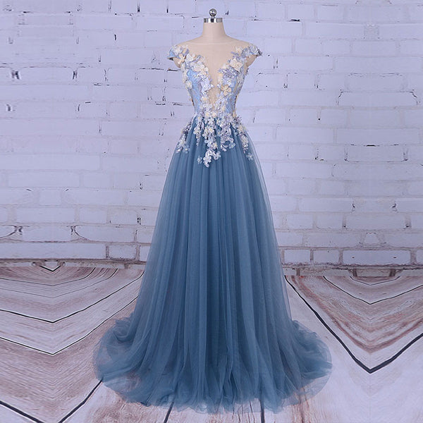 Popular Handmade Flowers V-neck Blue A-line Prom Gown Dresses