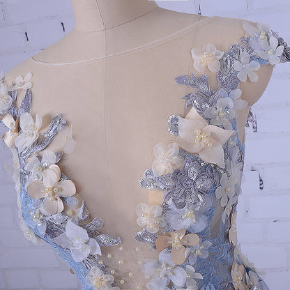 Popular Handmade Flowers V-neck Blue A-line Prom Gown Dresses