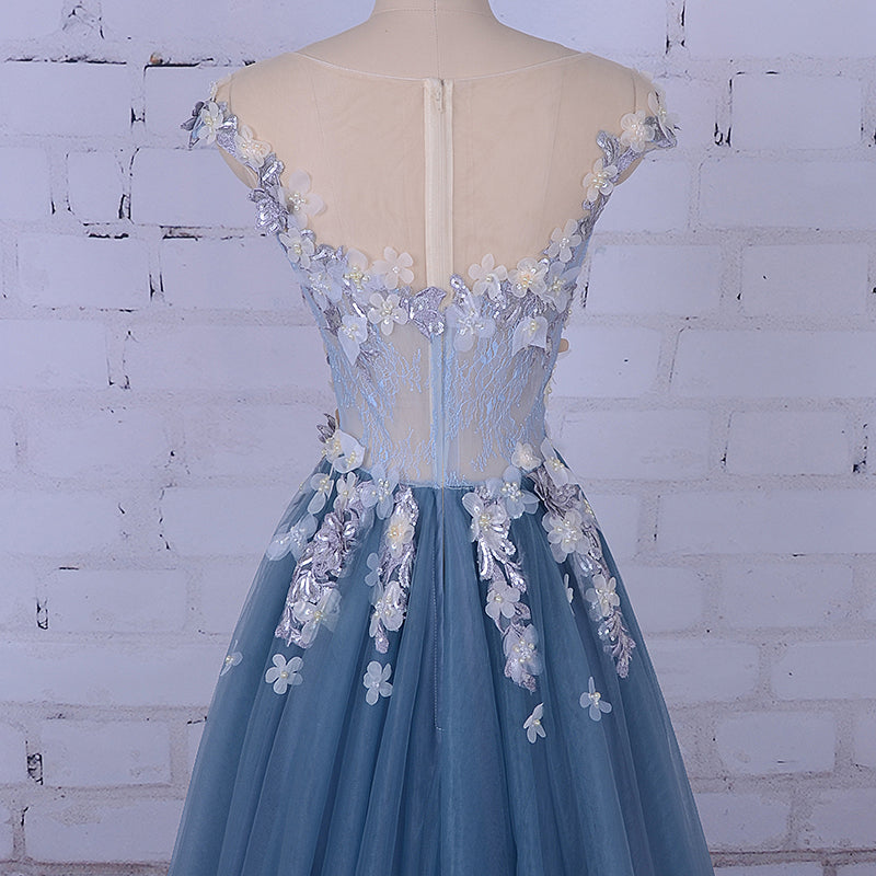 Popular Handmade Flowers V-neck Blue A-line Prom Gown Dresses
