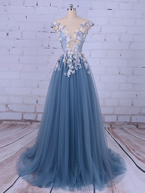 Popular Handmade Flowers V-neck Blue A-line Prom Gown Dresses