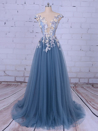 Popular Handmade Flowers V-neck Blue A-line Prom Gown Dresses