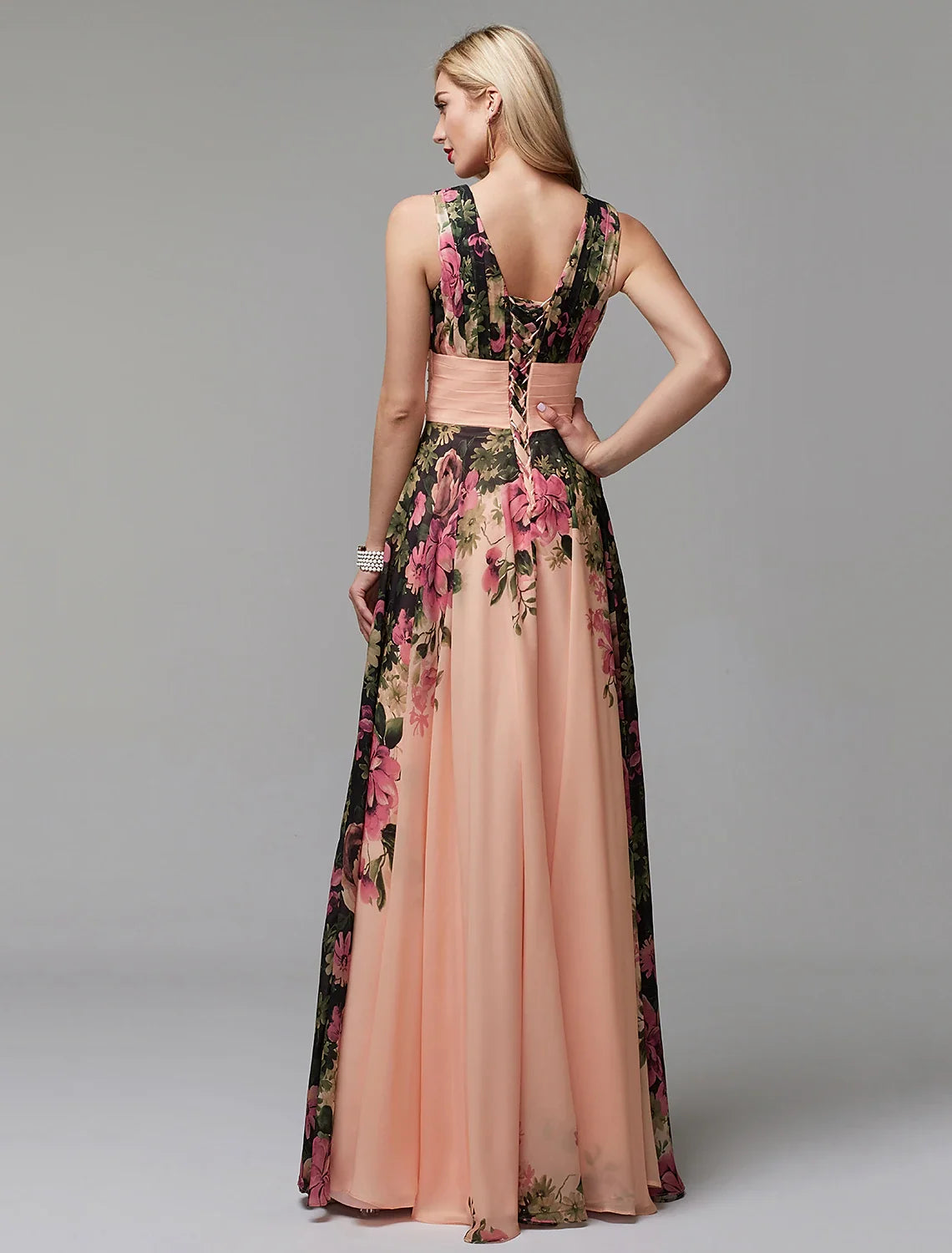A-Line Party Dress Floral Dress Holiday Wedding Guest Floor Length Sleeveless V Neck Bridesmaid Dress Chiffon with Pattern / Print 2026