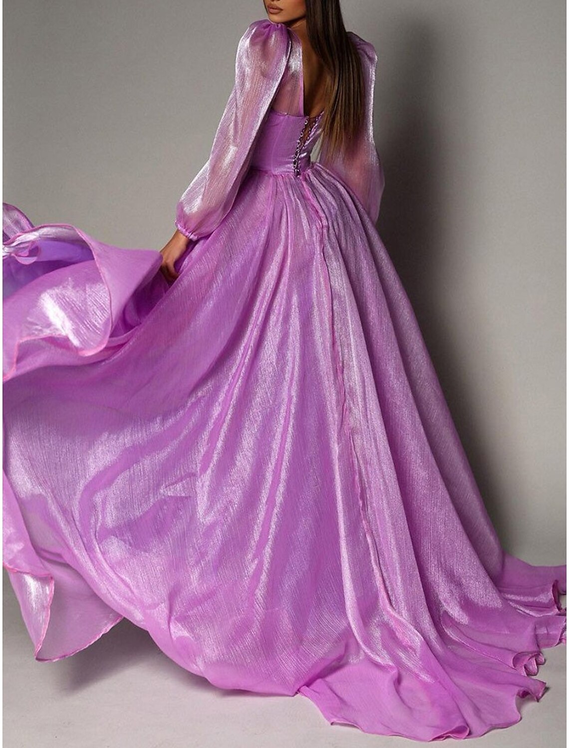 A-Line Evening Gown High Split Dress Wedding Guest Masquerade Court Train Long Sleeve V Neck Organza with Slit 2026