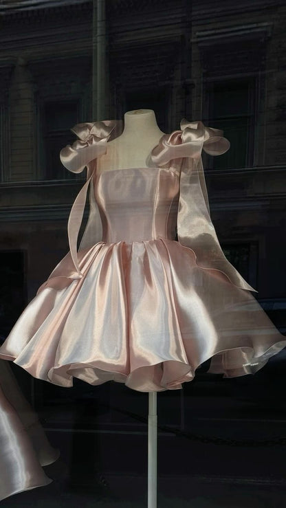 Pretty Ball Gowns Spaghetti Straps Pink Satin Short Mini Prom 8Th Grade Homecoming Dress Summer Middle School Hoco Dresses Birthday Outfits
