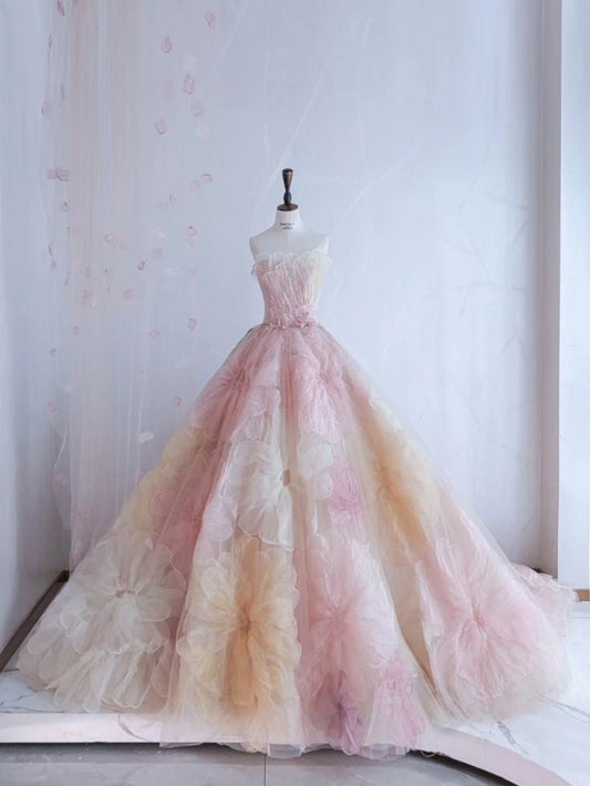 Pretty Ball Gowns Sweetheart Pink Flowers Tulle Long Quinceanera Dress Prom Short Sleeves Flowers Vestido De 15 Anos Sweet 16 Dresses