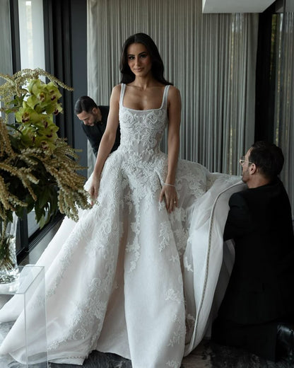 Pretty Wedding Dress Ball Gowns Square Neck Lace White Wedding Dresses Bridal Gown