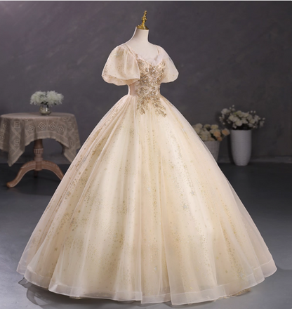 Princess Champagne Gold Square Neck Puff Sleeve Gold Embroidered Floral Tulle Ball Gown Evening Dresses Sweet 16 Dresses