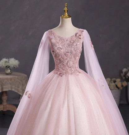 Princess Light Pink Crew Neck Cape Embroidered Tulle Ball Gown Evening Dresses Sweet 16 Dresses