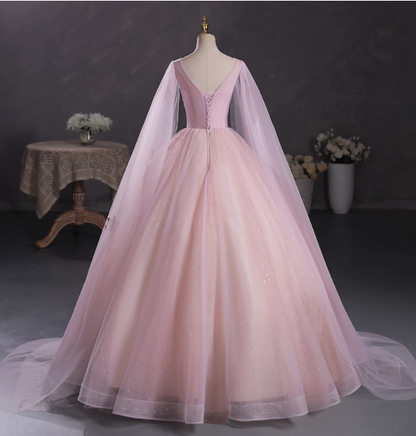 Princess Light Pink Crew Neck Cape Embroidered Tulle Ball Gown Evening Dresses Sweet 16 Dresses