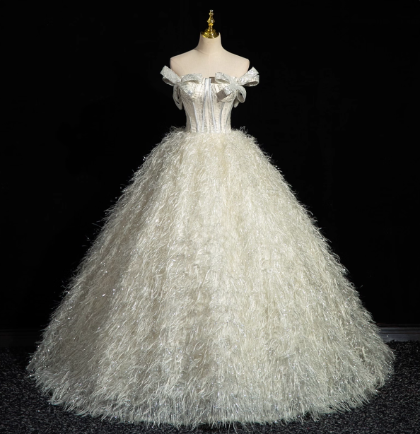 Princess Milk White Bowknot Off-The-Shoulder Feather Tulle Ball Gown Evening Dresses Sweet 16 Dresses