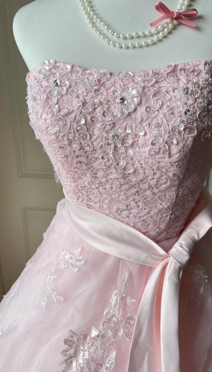 Princess Pink Strapless Tulle Ball Gown Evening Dresses