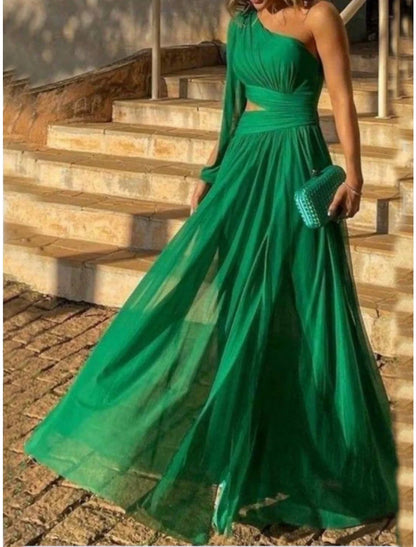 Sheath Christmas Red Green Dresses Elegant Dress Birthday Floor Length Sleeveless One Shoulder Chiffon with Glitter Bow(s) Pleats