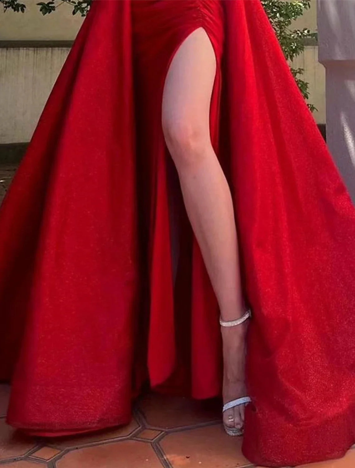 A-Line Evening Gown Elegant Christmas Red Green Dress Formal Masquerade Court Train Sleeveless Strapless Satin with Slit Overskirt 2026