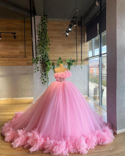 Tiered Ruffles Ball Gown Women Light Pink Tulle Party Dress Elegant Long Prom Dress Sweet 16 Dress c3152
