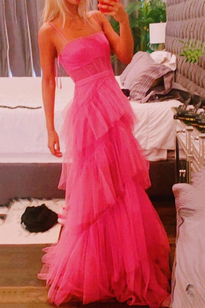 Princess Hot Pink A Line Tulle Long Prom Dress Layered Ruffles Evening Gown C2169