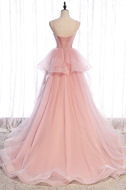 Pink tulle long prom dress A line evening gown  C1866