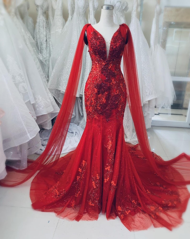 Unique Red Vintage Wedding Dress, Made to Measure Wedding Dress, Princess Bridal Gown Mermaid Prom Dress C2254