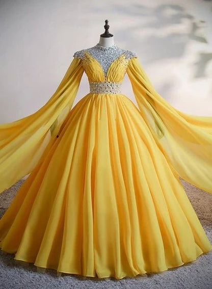 Yellow Chiffon Long Beaded Ball Gown Formal Dress, Yellow Formal Dress, Prom Dress C2133