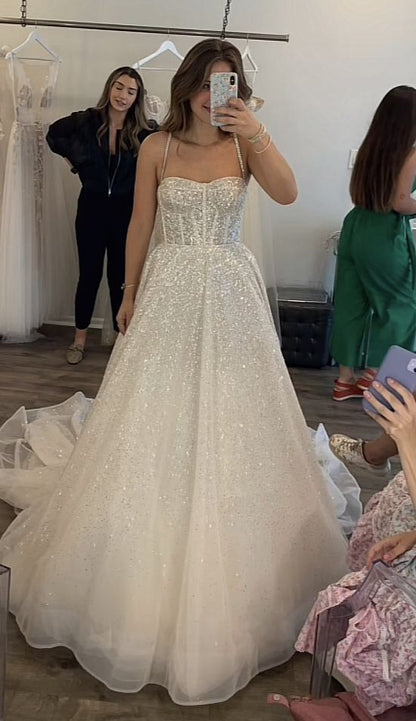 Glitter Beach Wedding Dresses Spaghetti Straps A-Line Bridal Gowns Open Back Long Simple Prom Dress c2568