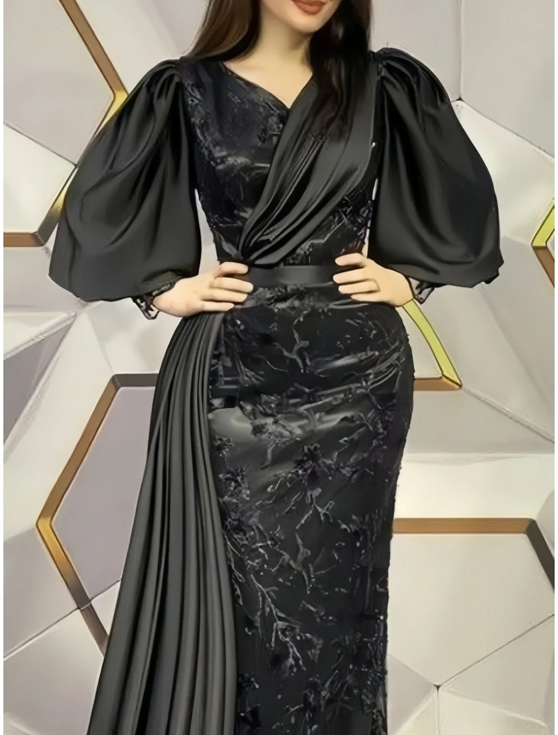 Sheath Black Dress Evening Gown Elegant Dress Formal Sweep / Brush Train Long Sleeve V Neck Satin with Pleats Appliques 2026