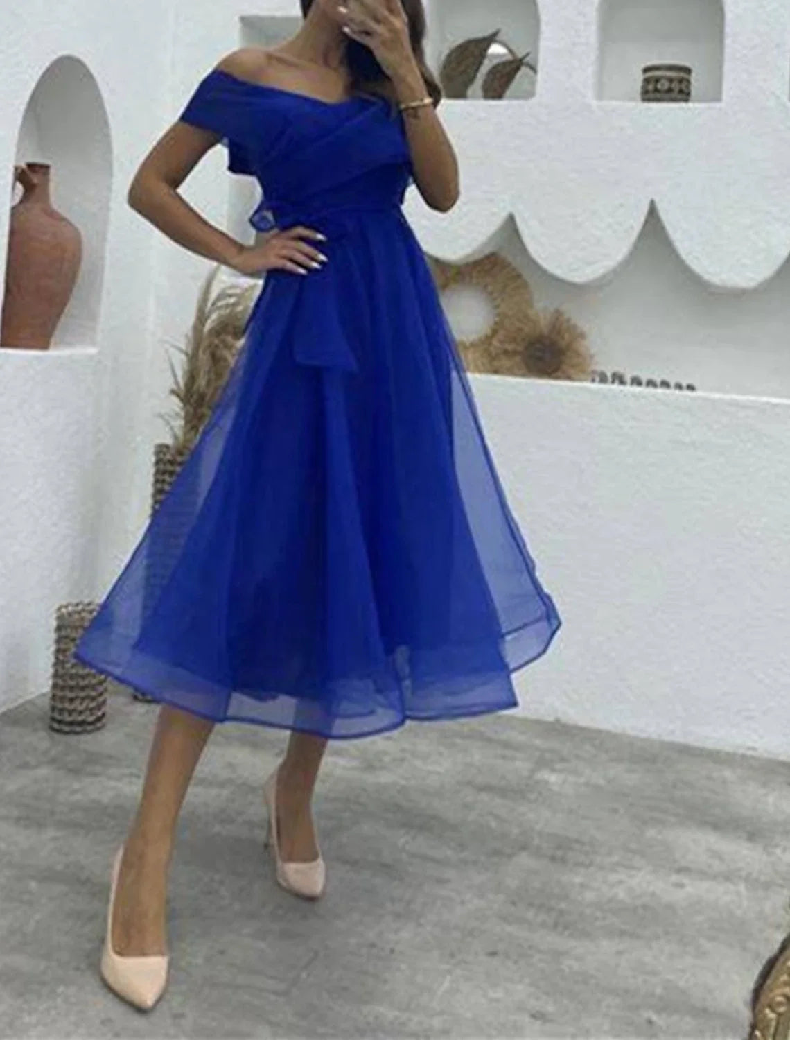 A-Line Cocktail Dresses 1950s Dress Wedding Guest Birthday Tea Length Sleeveless Off Shoulder Belt / Sash Organza with Ruched 2026