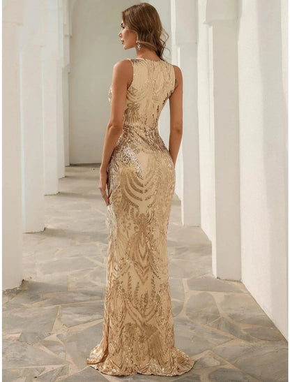 Mermaid / Trumpet Evening Gown Elegant Dress Formal Sweep / Brush Train Sleeveless V Neck Fabric with Sequin Slit