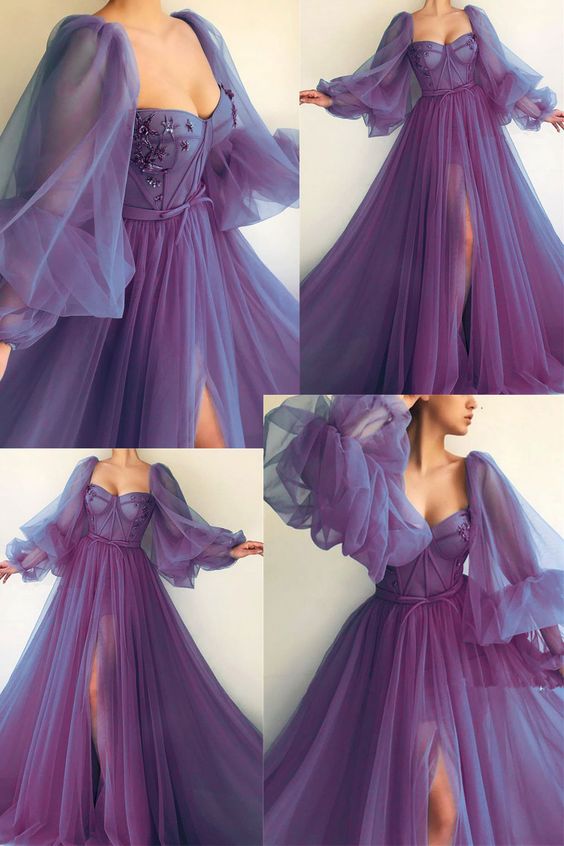 Purple Elegant Tulle Long Prom Dress Prom Gowns Prom Dresses