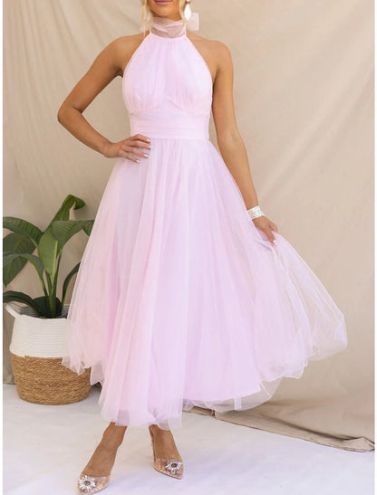 Women's Prom Dress Party Dress Homecoming Dress Long Dress Maxi Dress Black White Yellow Sleeveless Pure Color Mesh Summer Spring Halter Neck Fashion Evening Party Wedding Guest Vacation