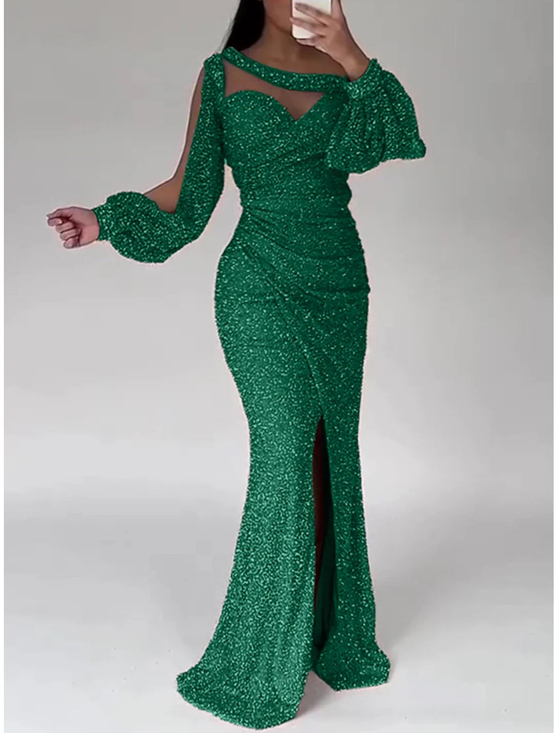 Mermaid Dress Evening Gown Christmas Red Green Dress Formal Sweep / Brush Train Long Sleeve Scoop Neck Sequined with Glitter Ruched Slit 2026