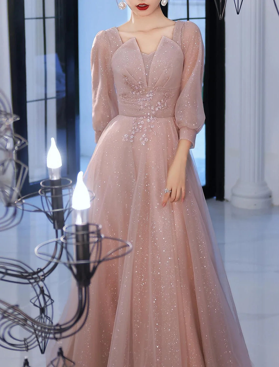 A-Line Beautiful Back Elegant Prom Formal Evening Dress V Neck V Back 3/4 Length Sleeve Floor Length Lace with Appliques 2026